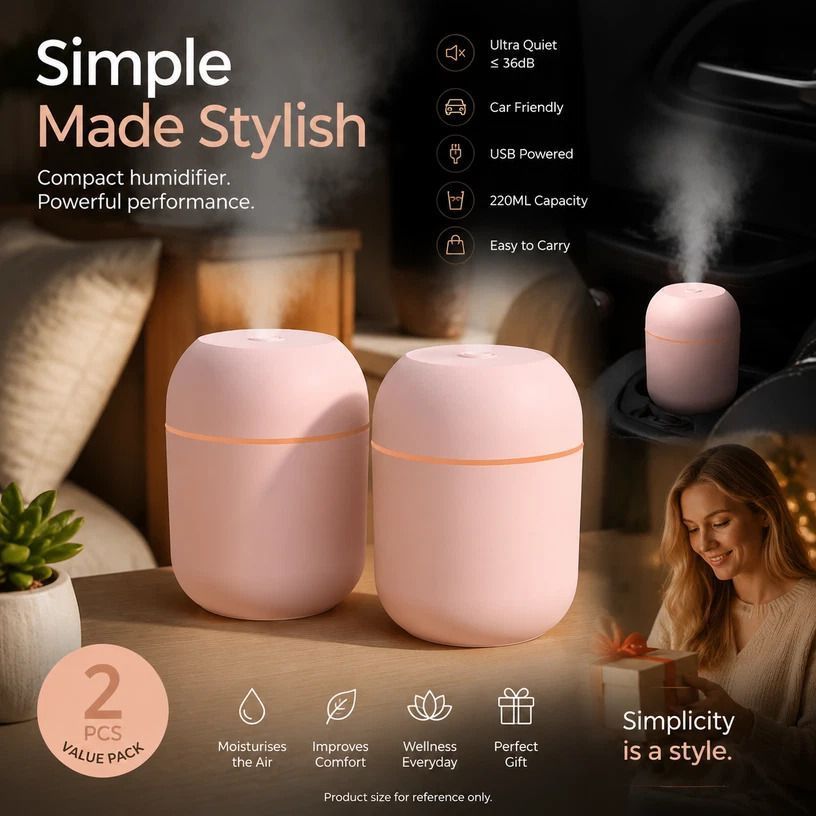2 Pack Water Drop Humidifier Nordic Pink, Xmas Gift Pair