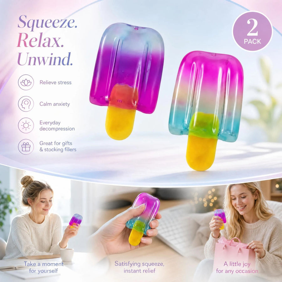 2 Pack Purple & Blue Popsicle Squishy Mix, Cool Dual Shades To Clear Anxious Thoughts, Party Pair