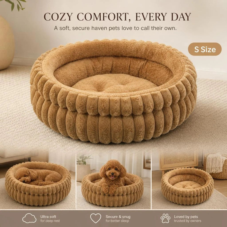 Detachable Round Pet Bed, Thick Warm Moisture Proof For Small Medium Dogs, Coffee Faux Rabbit Fur S Size