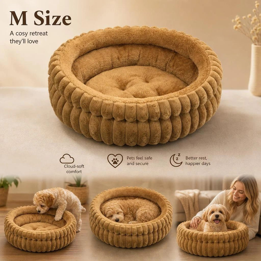 Detachable Round Pet Bed, Cozy Four Season Puppy Nest, Coffee Faux Rabbit Fur M Size