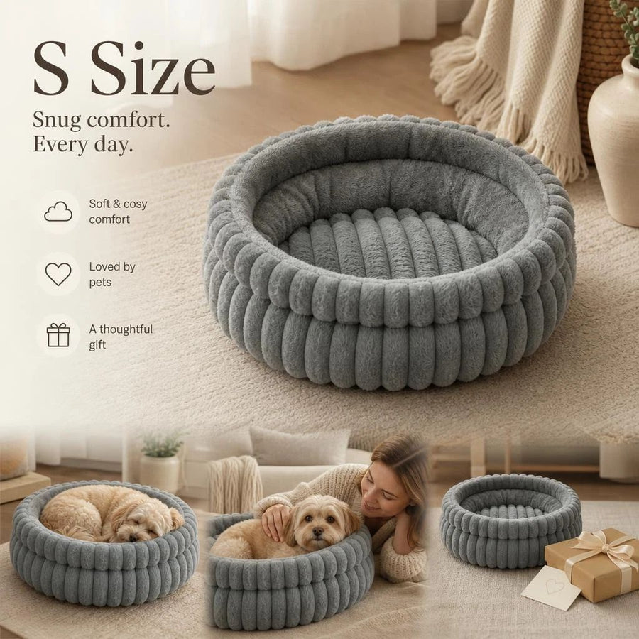 Washable Round Cat Dog Bed, Soft Faux Rabbit Fur Grey S Size, Comfort Rest Gift