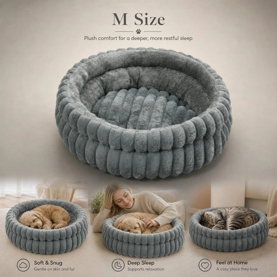 Warm Anti-Damp Pet Round Nest, Grey Faux Rabbit Fur M Size, All Season Daily Use