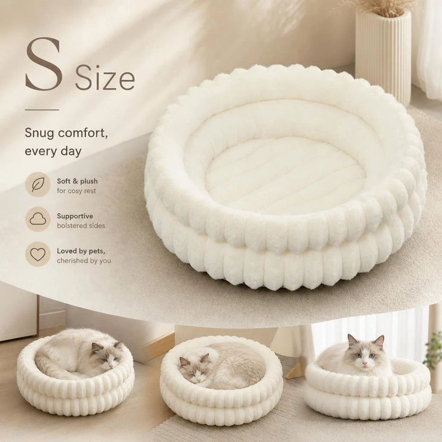 Thick Plush Round Pet Sleeping Bed, Cream Faux Rabbit Fur S Size, Gentle Calming Design