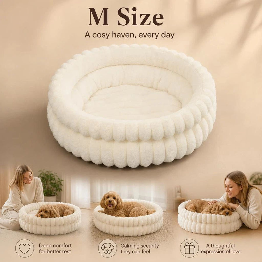 Detachable Washable Dog Cat Bed, Cream Faux Rabbit Fur M Size, Indoor Rest Cushion