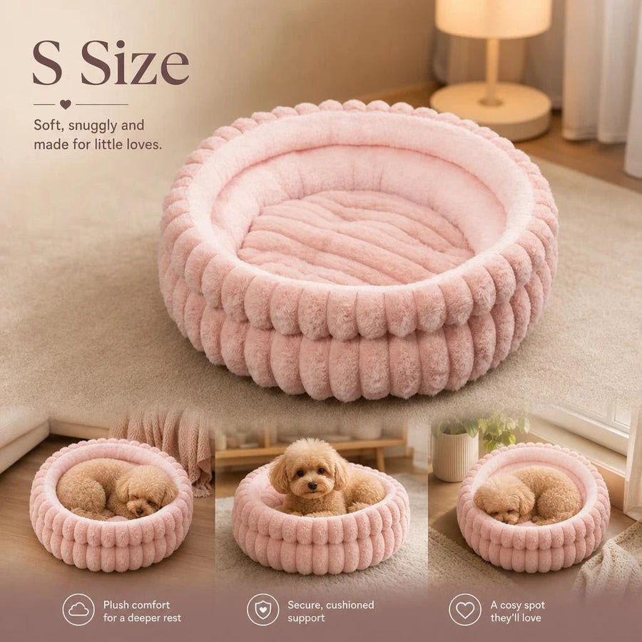 Fluffy Round Pet Nest, Pink Faux Rabbit Fur S Size, Snug Warm For Small Pets