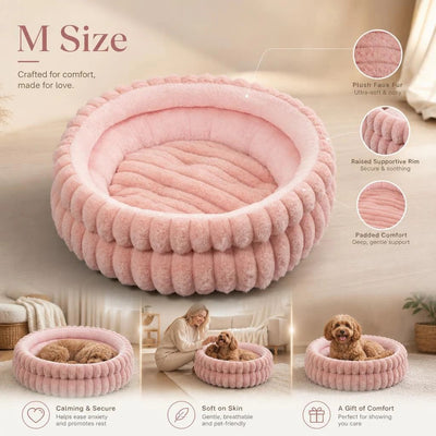 Four Season Universal Pet Round Bed, Pink Faux Rabbit Fur M Size, Holiday Pet Gift