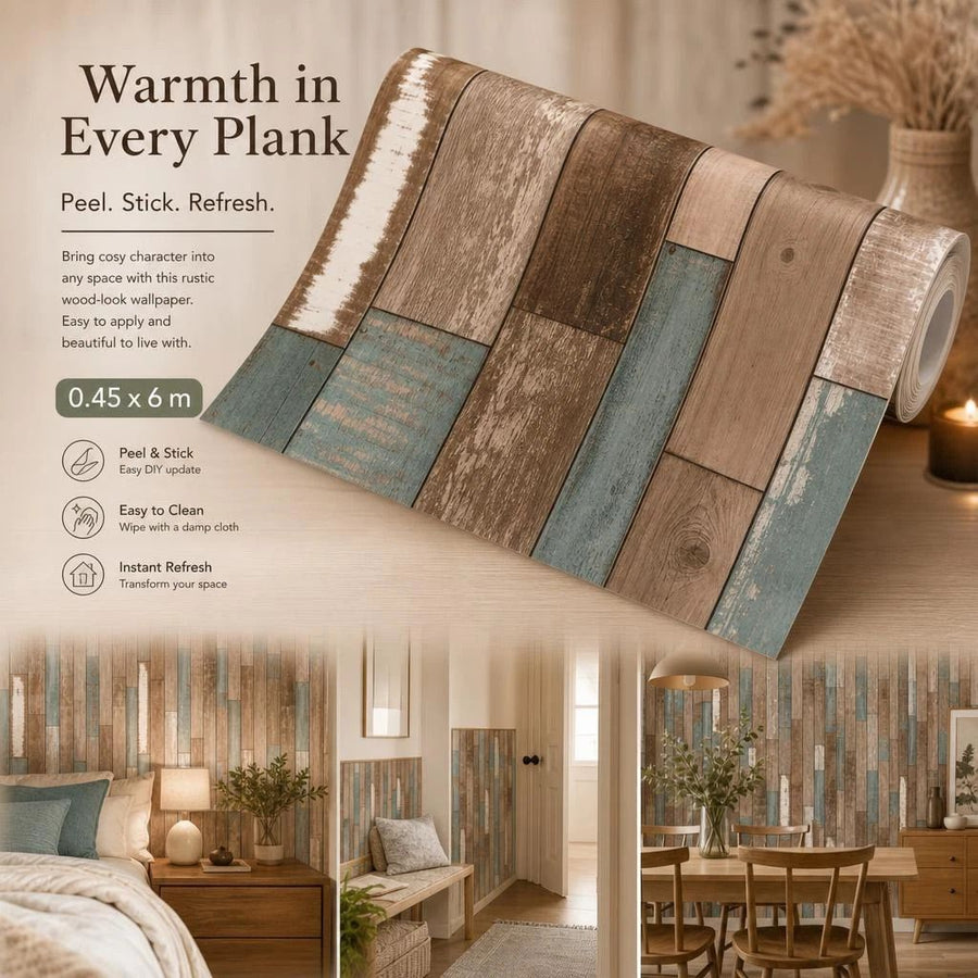 Self Adhesive PVC Retro Wall Film 0.45x6M, Greenish Brown Wood Texture, Kitchen Background