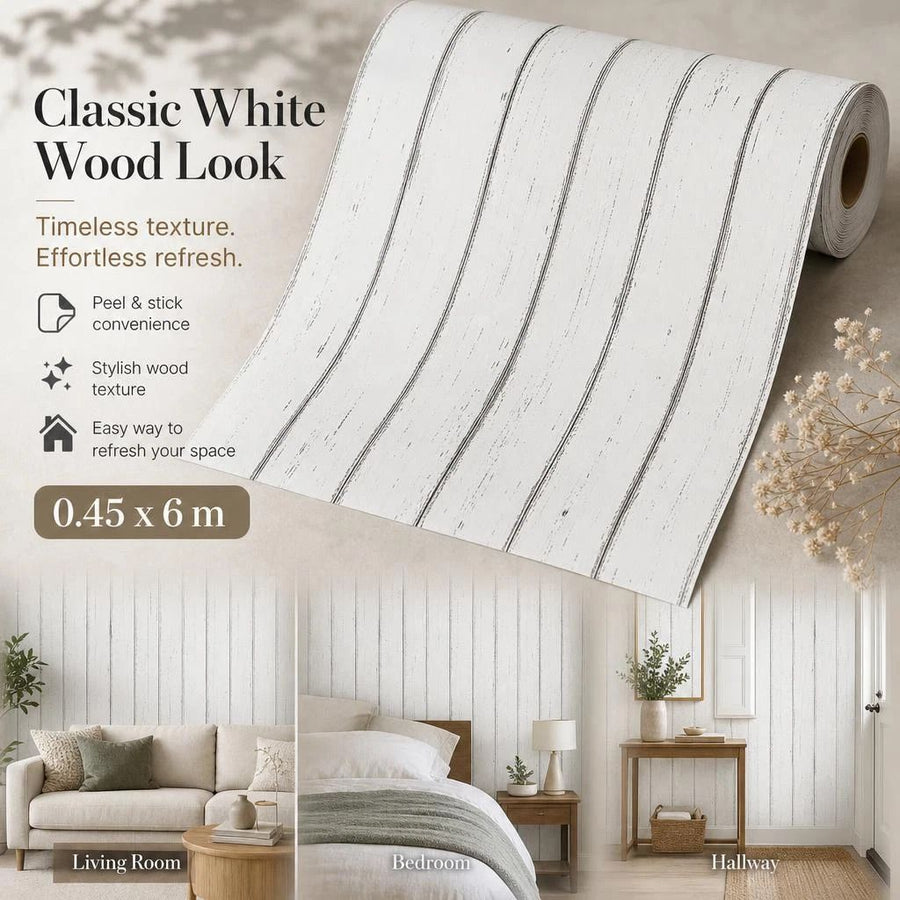 Self Adhesive Vintage Wall Covering 0.45x6M, Nordic White Maple Grain, Bedroom Renovation