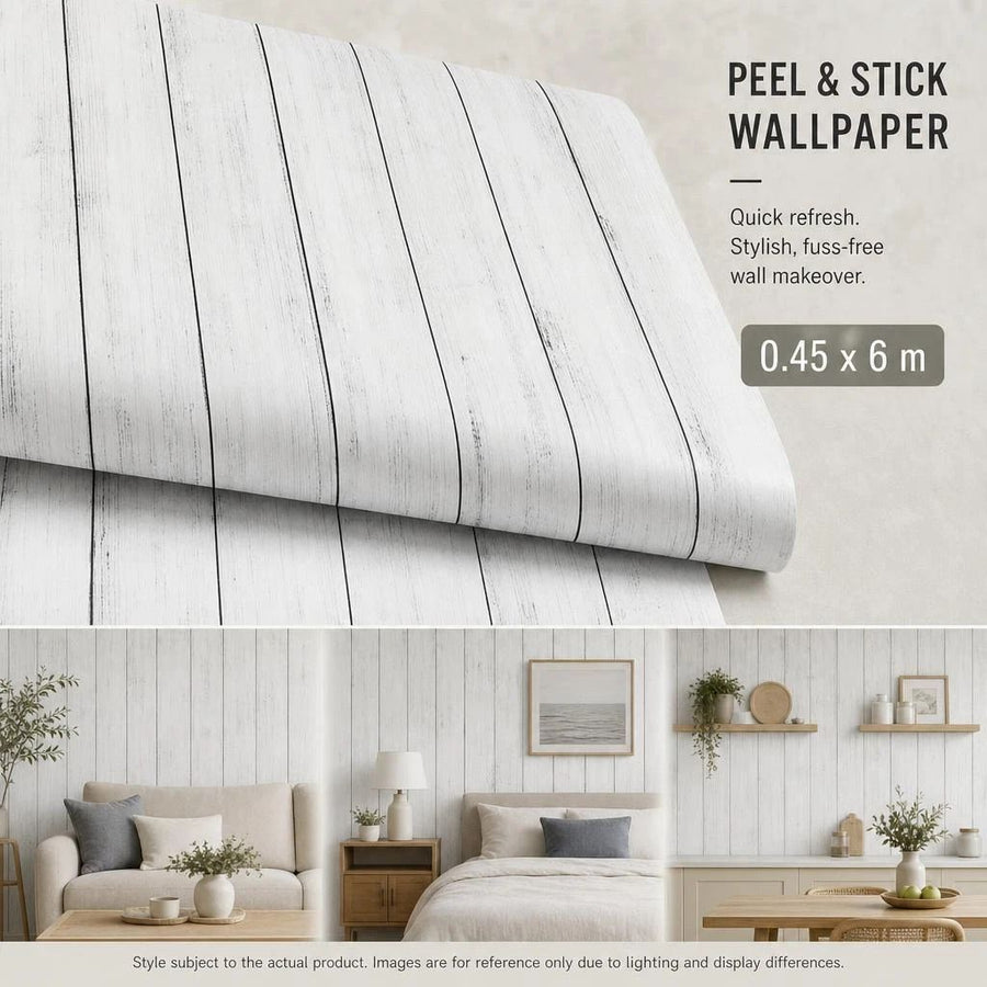 Self Adhesive Retro PVC Wall Sticker 0.45x6M, Ivory White Wood Grain, Soft Living Room Decor