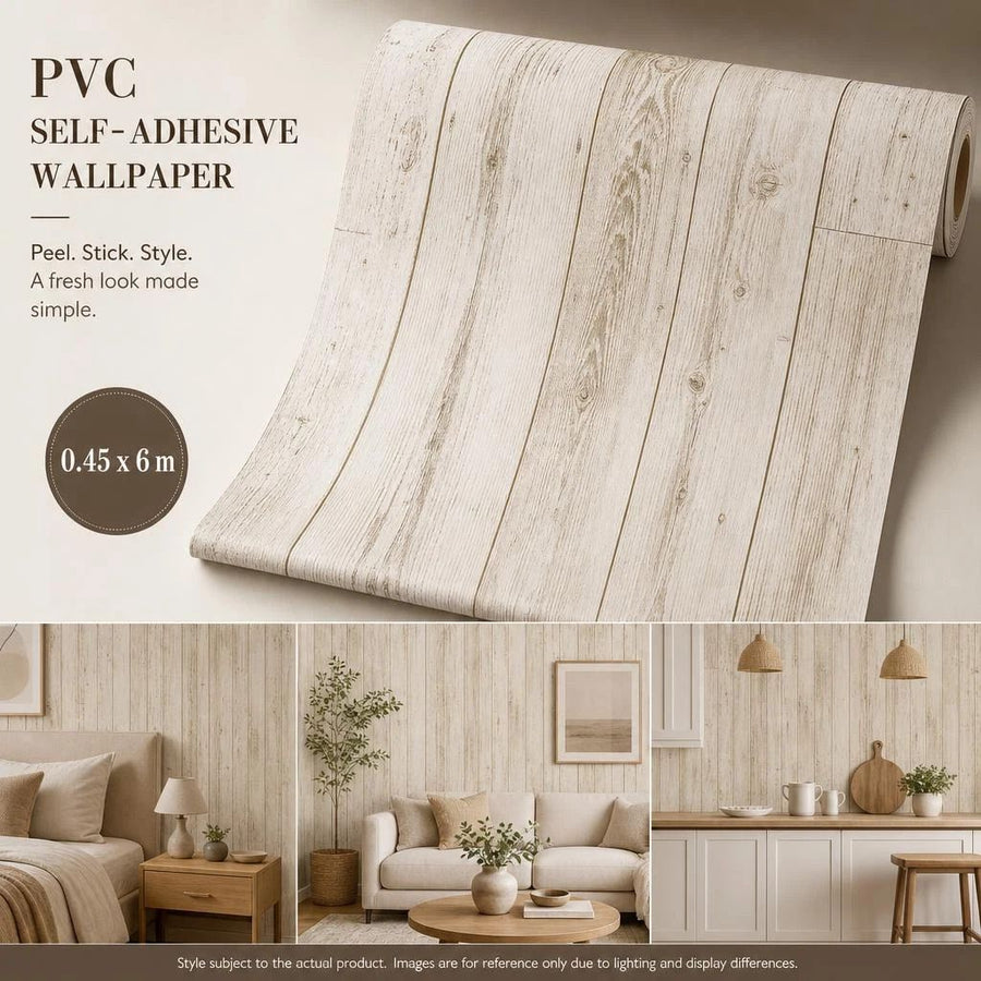 Self Adhesive Background Wallpaper 0.45x6M, Ivory Yellow Wood Grain, Cozy House Renovation