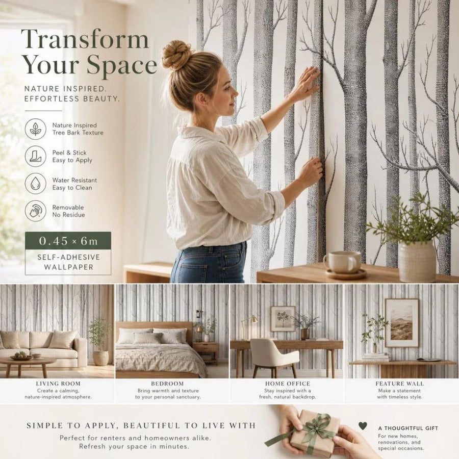 Self Adhesive PVC Wall Decal 0.45x6M, Birch Wood Texture, Natural Home Upgrade