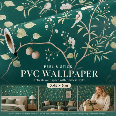 Self Adhesive PVC Wall Sticker 0.45x6M, Chinese Floral Bird Print, Oriental Style Backdrop