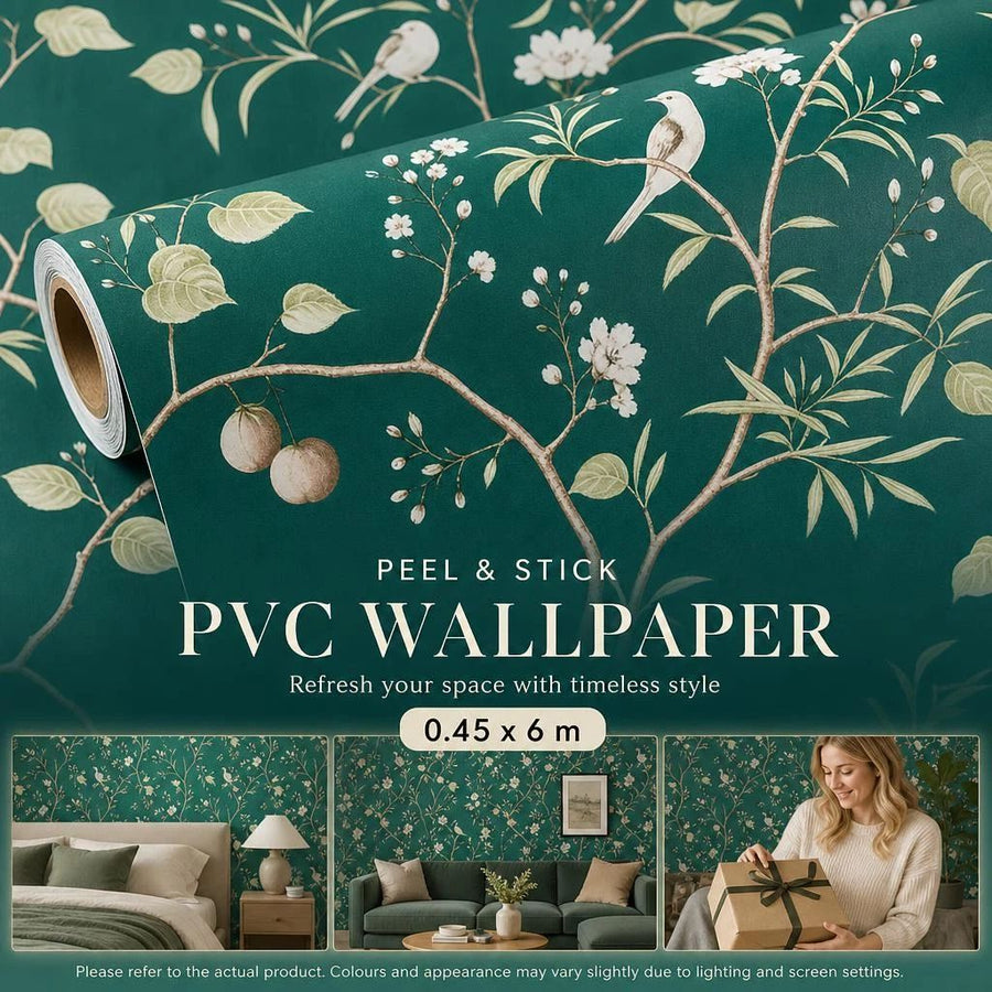 Self Adhesive PVC Wall Sticker 0.45x6M, Chinese Floral Bird Print, Oriental Style Backdrop