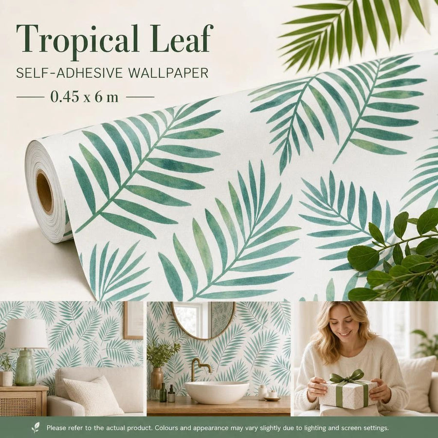 Self Adhesive PVC Wall Decal 0.45x6M, Nordic Palm Leaf Print, Tropical Fresh Background