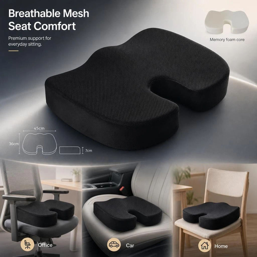 Memory Foam Seat Cushion 45x36x7, Breathable Mesh Black, Ergonomic Office Hip Support