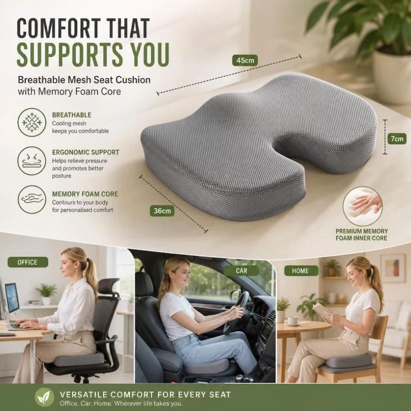 Slow Rebound Seat Pad 45x36x7, Breathable Mesh Grey, Comfort For Car & Desk Chairs
