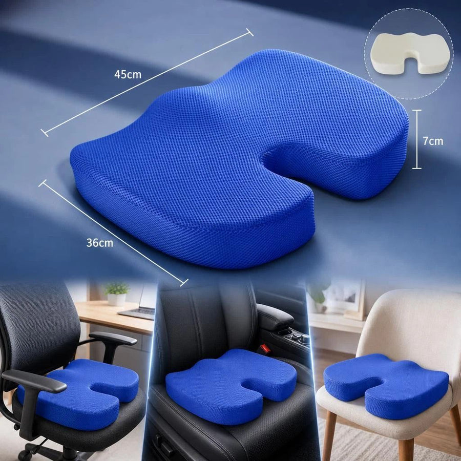 Ergonomic Memory Foam Cushion 45x36x7, Breathable Mesh Blue, Relieve Sitting Pressure