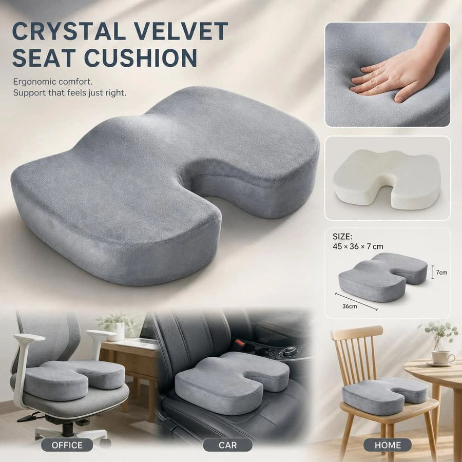 Memory Foam Butt Pad 45x36x7, Crystal Velvet Grey, Comfort Long Hour Sitting