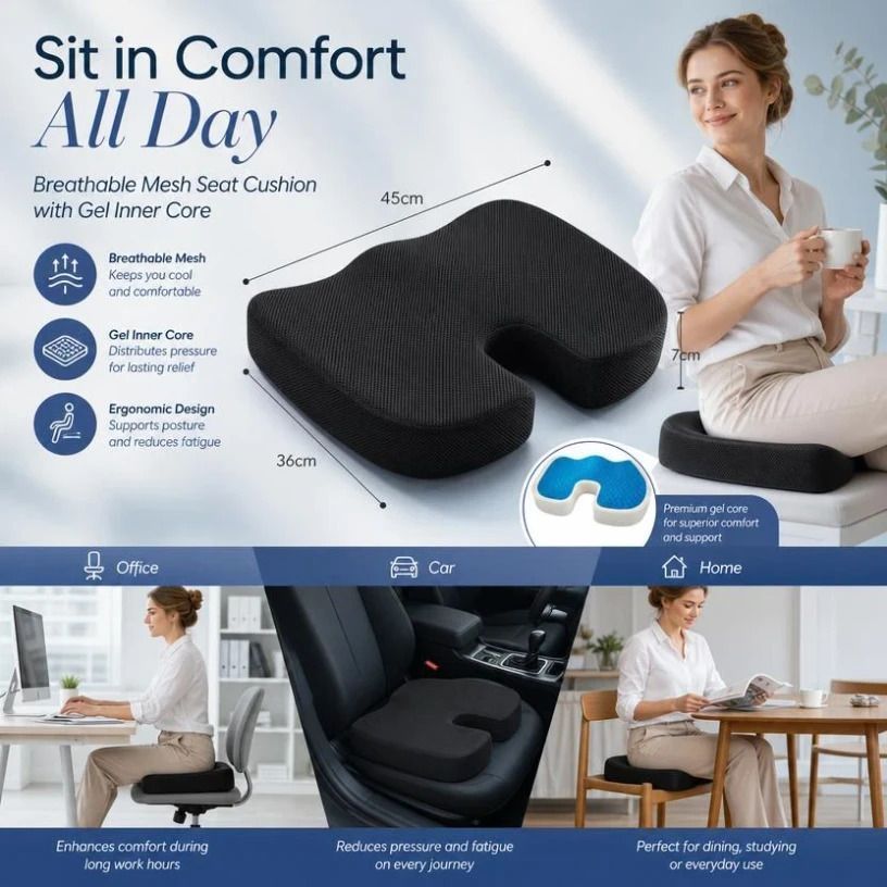 Gel Infused Memory Foam Seat Cushion 45x36x7, Breathable Mesh Black, Cooling Pressure Relief