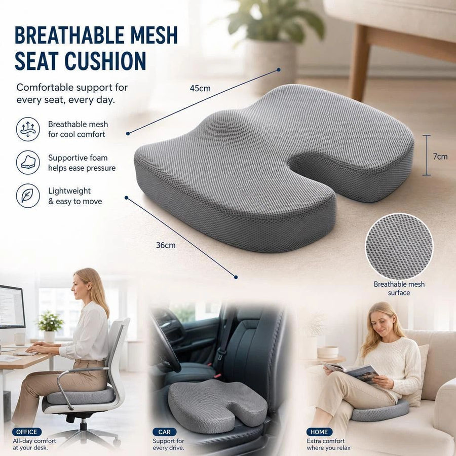 Cooling Gel Seat Pad 45x36x7, Breathable Mesh Grey, Ergonomic Car Office Accessory