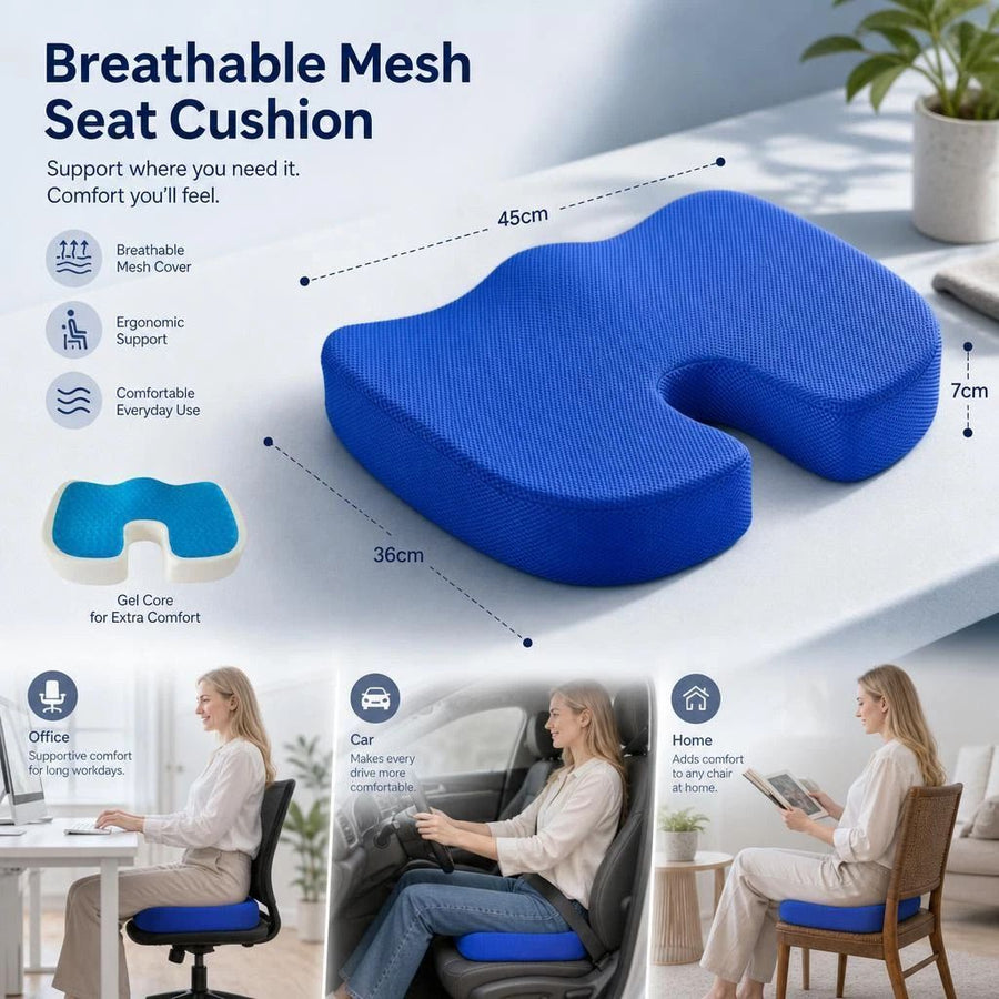 Gel Slow Rebound Cushion 45x36x7, Breathable Mesh Blue, Prevent Hip Soreness