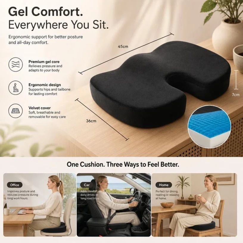 Gel Infused Hip Support Cushion 45x36x7, Crystal Velvet Black, Soft Cooling Surface