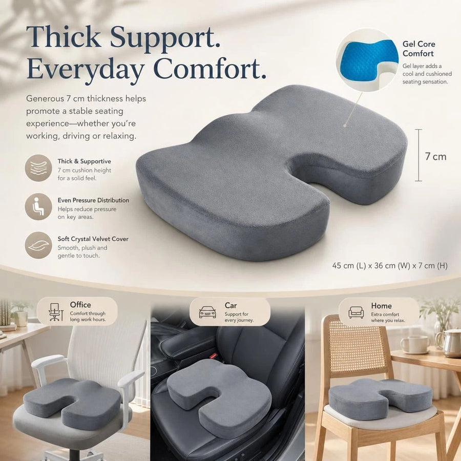Cooling Gel Ergonomic Seat Pad 45x36x7, Crystal Velvet Grey, All Day Comfort