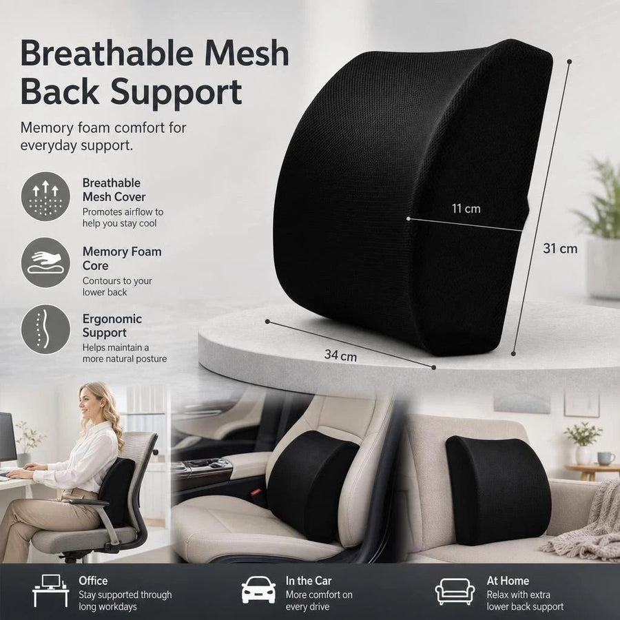 Memory Foam Lumbar Support Pillow 45x36x7, Breathable Mesh Black, Office Back Relief