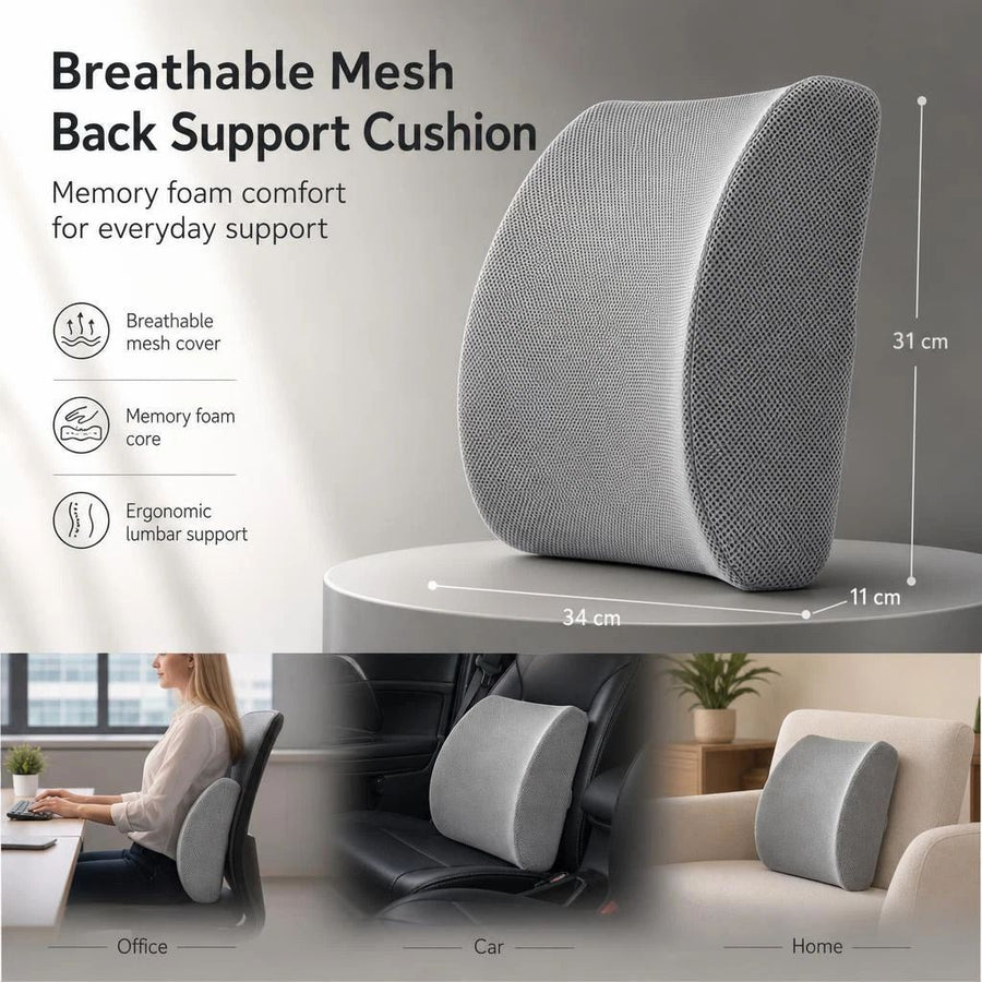 Slow Rebound Waist Cushion 45x36x7, Breathable Mesh Grey, Support Car Lower Back