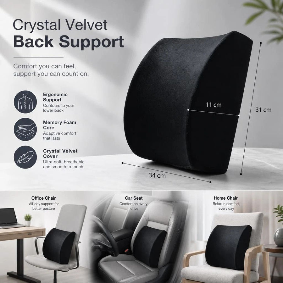 Soft Crystal Velvet Waist Support 45x36x7, Black Memory Foam, Gentle Back Cushion