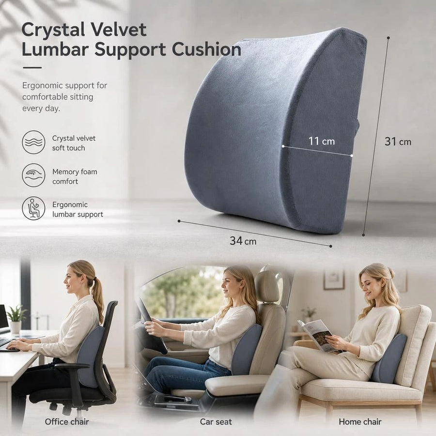 Memory Foam Lumbar Pillow 45x36x7, Crystal Velvet Grey, Comfort Desk Chair Accessory