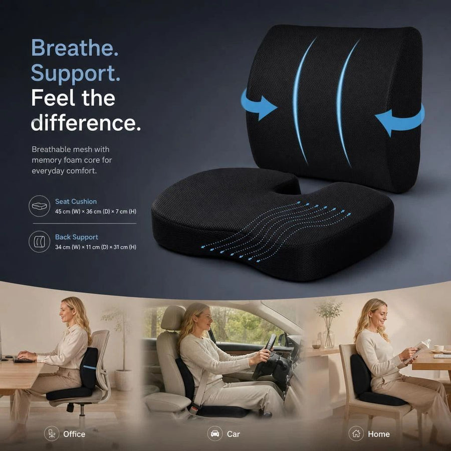 Mesh Black Seat & Lumbar Cushion Set 45x36x7, Full Body Sitting Support Gift
