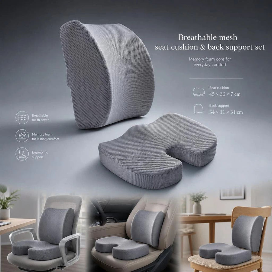 Mesh Grey Seat Waist Cushion Combo 45x36x7, Ergonomic Pack For Home & Vehicle
