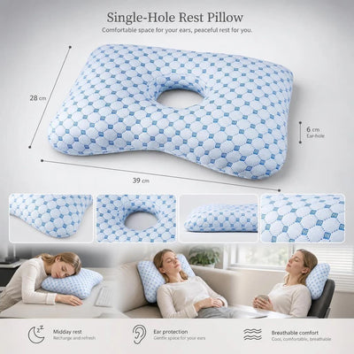 Single Hole Ear Protection Pillow 39x28x6, Ice Blue, Relieve Ear Pressure For Side Sleepers