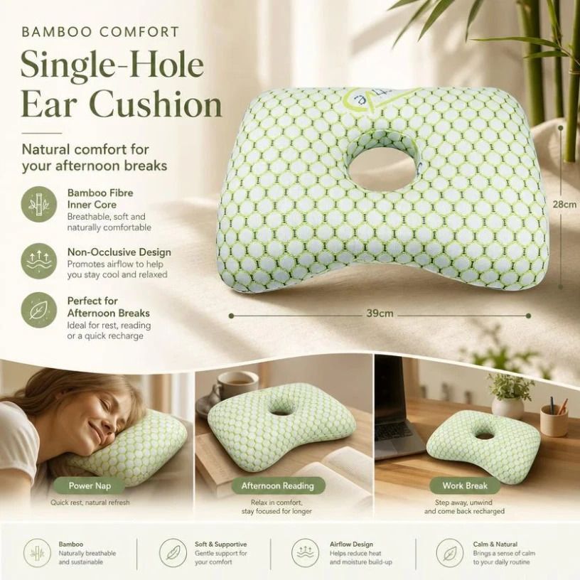Ear Care Pillow With Central Hole 39x28x6, Lawson Green, Soft Comfort Sleep Cushion