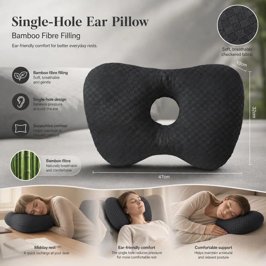 Extra Large Single Hole Ear Pillow 47x32x10, Black, Extra Wide Space For Over-Ear Headphones