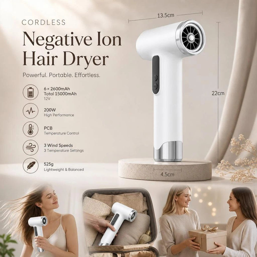 USB Rechargeable Wireless Hair Dryer White, High Power Negative Ion Hair Care, Quiet Fast Drying Travel Gift