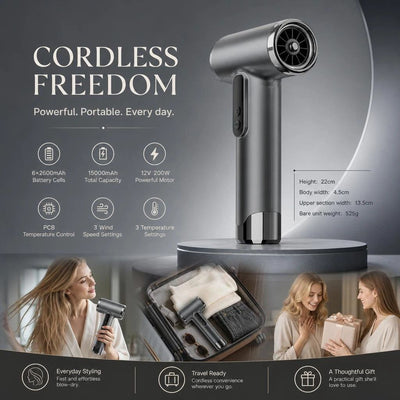 Cordless USB Charging Blow Dryer Grey, Low Noise Quick Dry Design, Portable Daily Hair Styling Present