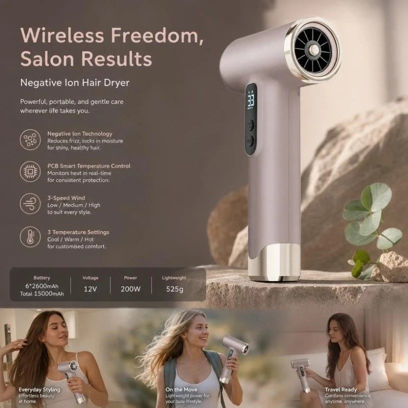 Portable Wireless Hair Dryer Pink, Negative Ion Damage Protection, Compact Travel Hair Care Gift