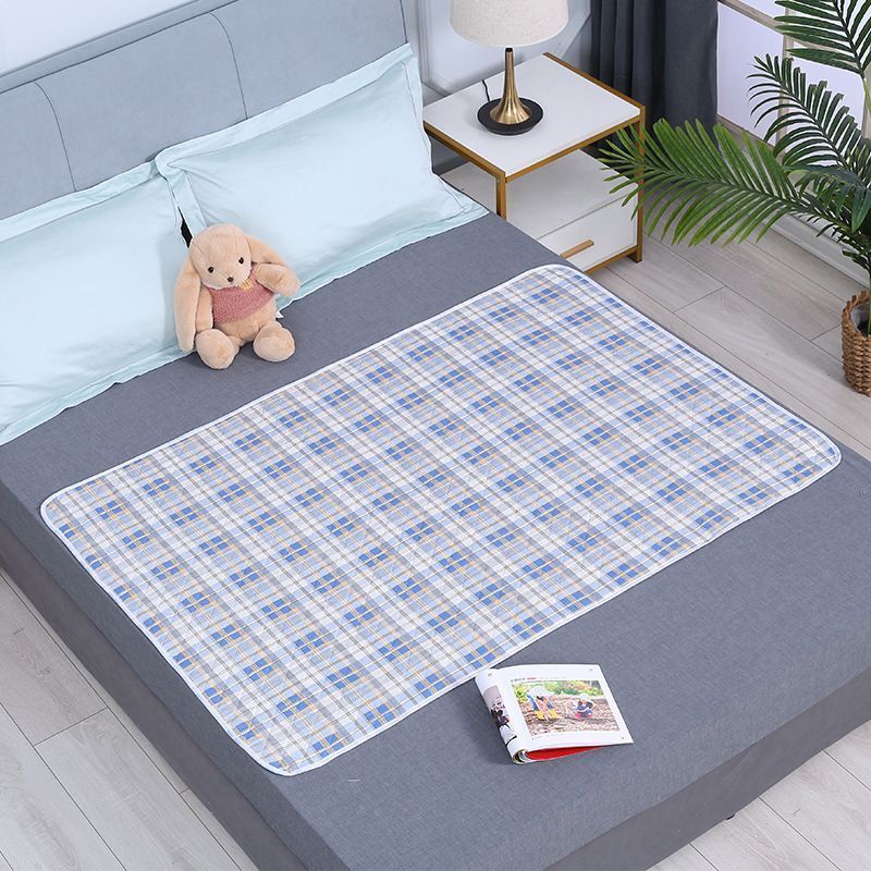 Washable Incontinence Bed Pad 100x150cm, Lightweight 4-Layer Absorbent Pad, Anti-Slip Base, Soft Light Blue Plaid, Gentle Skin Friendly