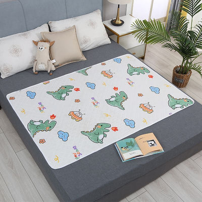 Reusable Senior Care Mattress Pad 100x150cm, 4-Layer Waterproof Barrier, Slip Resistant, Dinosaur Park Cartoon, Fun Household Mat