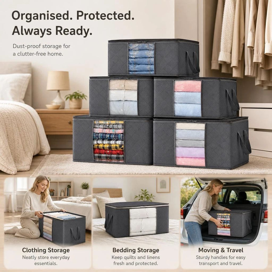 Quilt Storage Bag 85L 8 Pack Black Zipper, Dustproof Clothes Organizer For Moving House, Household Bedding Packing Bag