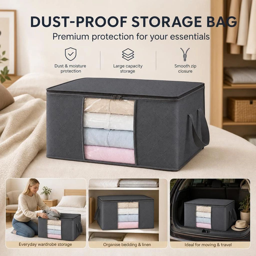 Small 35L Clothes Storage Bag Grey, Brown Edge White Zipper, Space Saving Wardrobe Organizer For Garments