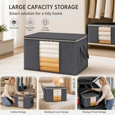 Medium 60L Quilt Organizer Grey, Brown Edge White Zipper, Portable Dust Cover For Seasonal Bedding