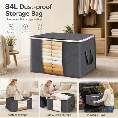 Large 84L Clothing Pack Bag Grey, Brown Edge White Zipper, Spacious Storage For Blankets & Pillows