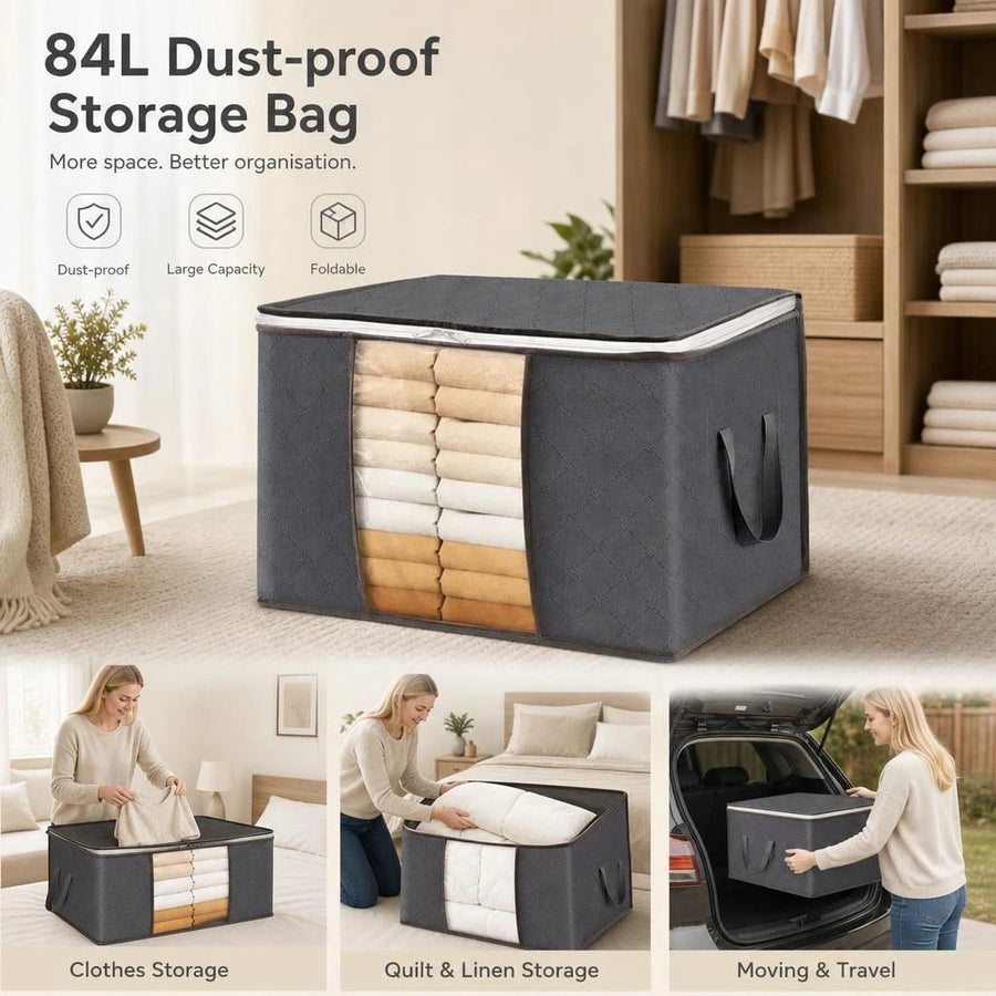 Large 84L Clothing Pack Bag Grey, Brown Edge White Zipper, Spacious Storage For Blankets & Pillows