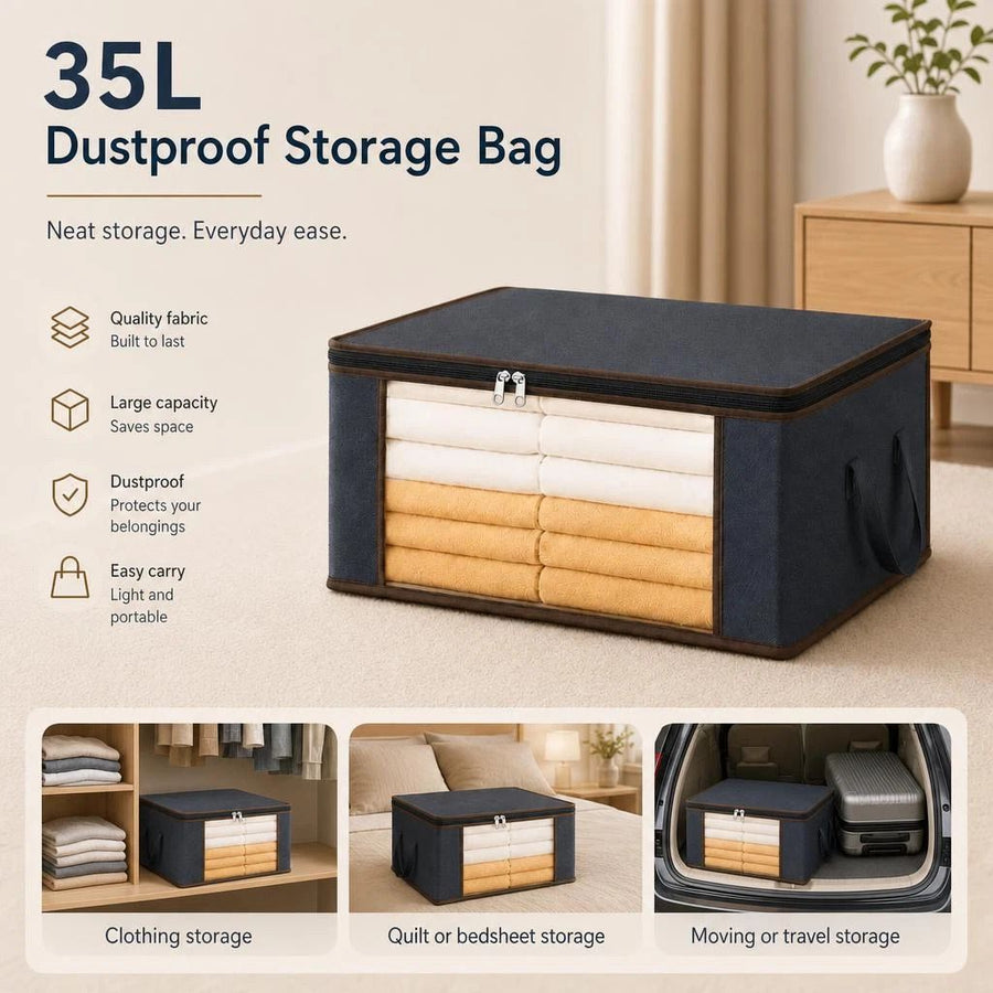 Small 35L Dustproof Garment Bag Grey, Brown Edge Black Zipper, Sturdy Closet Sorting Pouch
