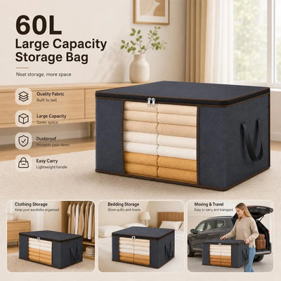 Medium 60L Bedding Storage Bag Grey, Brown Edge Black Zipper, Reusable Home Organizer For Clothes