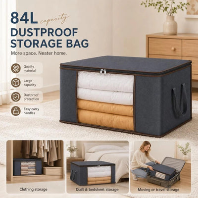 Large 84L Quilt Packing Bag Grey, Brown Edge Black Zipper, Tear Resistant Moving Helper Bag