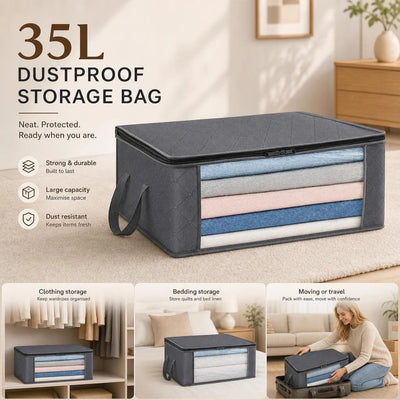 Small 35L Closet Organizer Bag Grey, Black Edge Black Zipper, Simple Minimalist Household Storage